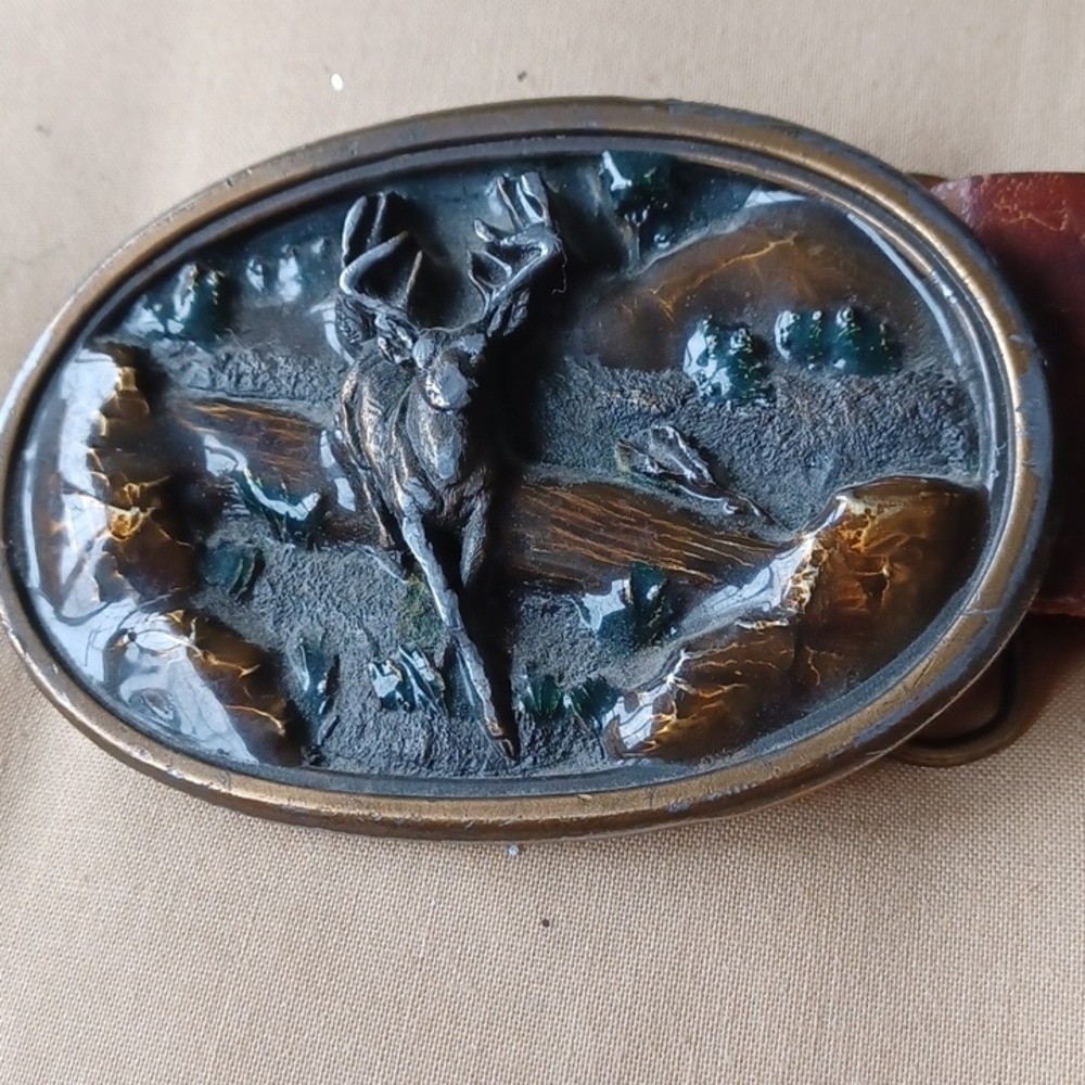 Bergamot Brass Belt Buckle 1983, Running Buck, with hand tooled leather belt, 34